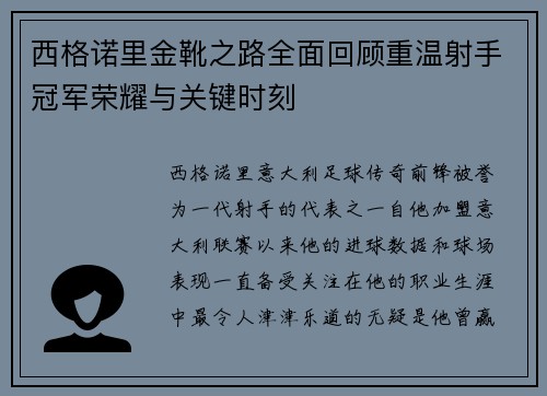 西格诺里金靴之路全面回顾重温射手冠军荣耀与关键时刻