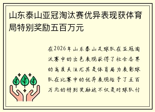 山东泰山亚冠淘汰赛优异表现获体育局特别奖励五百万元
